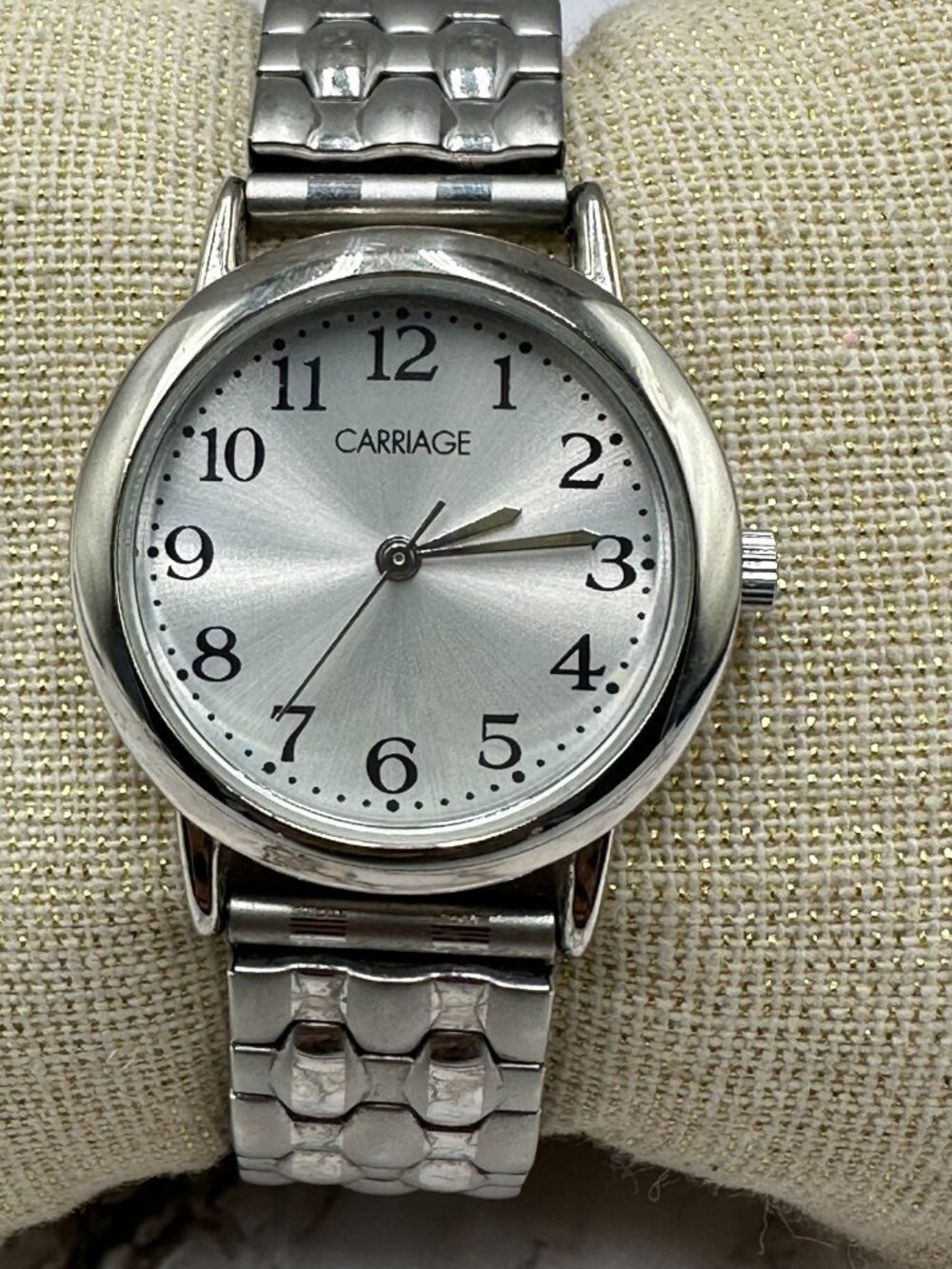 3/$30 Carriage Women's Watch Silver Tone Easy Read Dial Stretch Band 6.5"
